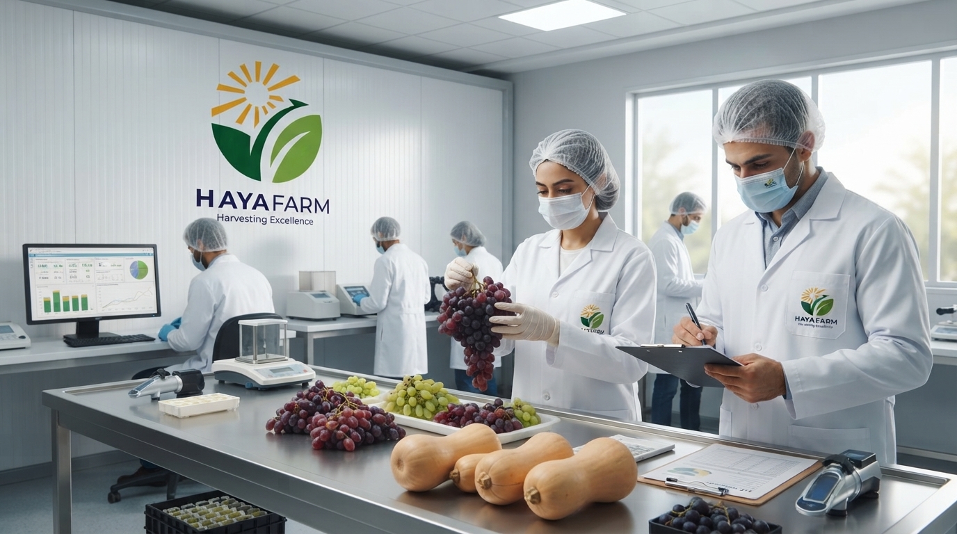 Professional workers in clean white uniforms inspecting uniform butternut squash on a sorting line